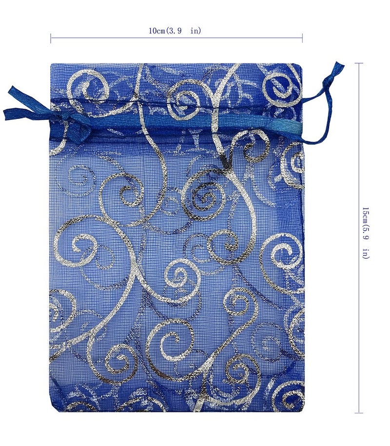Ankirol 100pcs Sheer Organza Favor Bags For Wedding Baby Shower Rattan Print Gift Bags Samples Display Drawstring Pouches (4x6 inch, blue) - Image 3